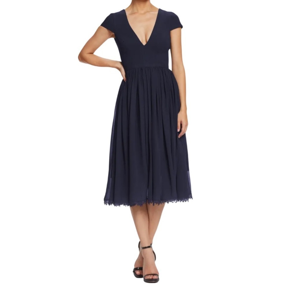 Dress the Population Corey Chiffon Fit & Flaire Cocktail Deep Black Midi Dress